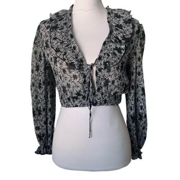 Topshop Abstract Print Long Sleeve Crop Top US Size 10 Black NWT - Picture 1 of 7